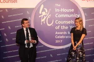 International Legal Team of the Year – Asia: Peter Gregoire of AIG collects from Kirsty Dougan of Axiom