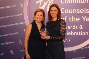 Diversity Winner: Claire Chino, General Counsel of Itochu Corporation –  Joanna Donne of Brunswick (right) receives the award on behalf of Claire Chino