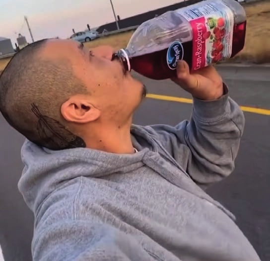 Screen grab from viral TikTok video of Nathan Apodaca drinking cranberry juice while skateboarding and lip synching to the Fleetwood Mac song Dreams.