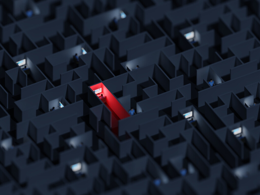 Office workers trapped in a maze. Workaholic, social isolation concept. Digital 3D rendering.